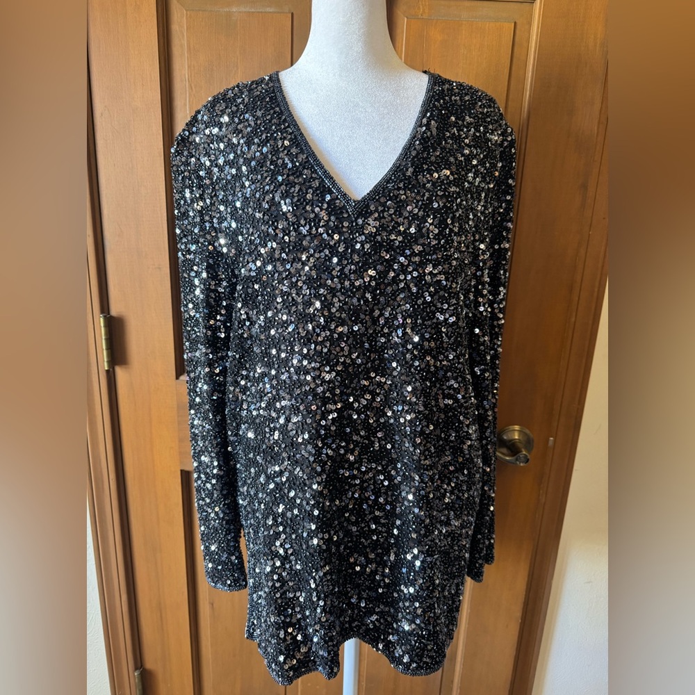 Scala Black Sequin V-Neck Top